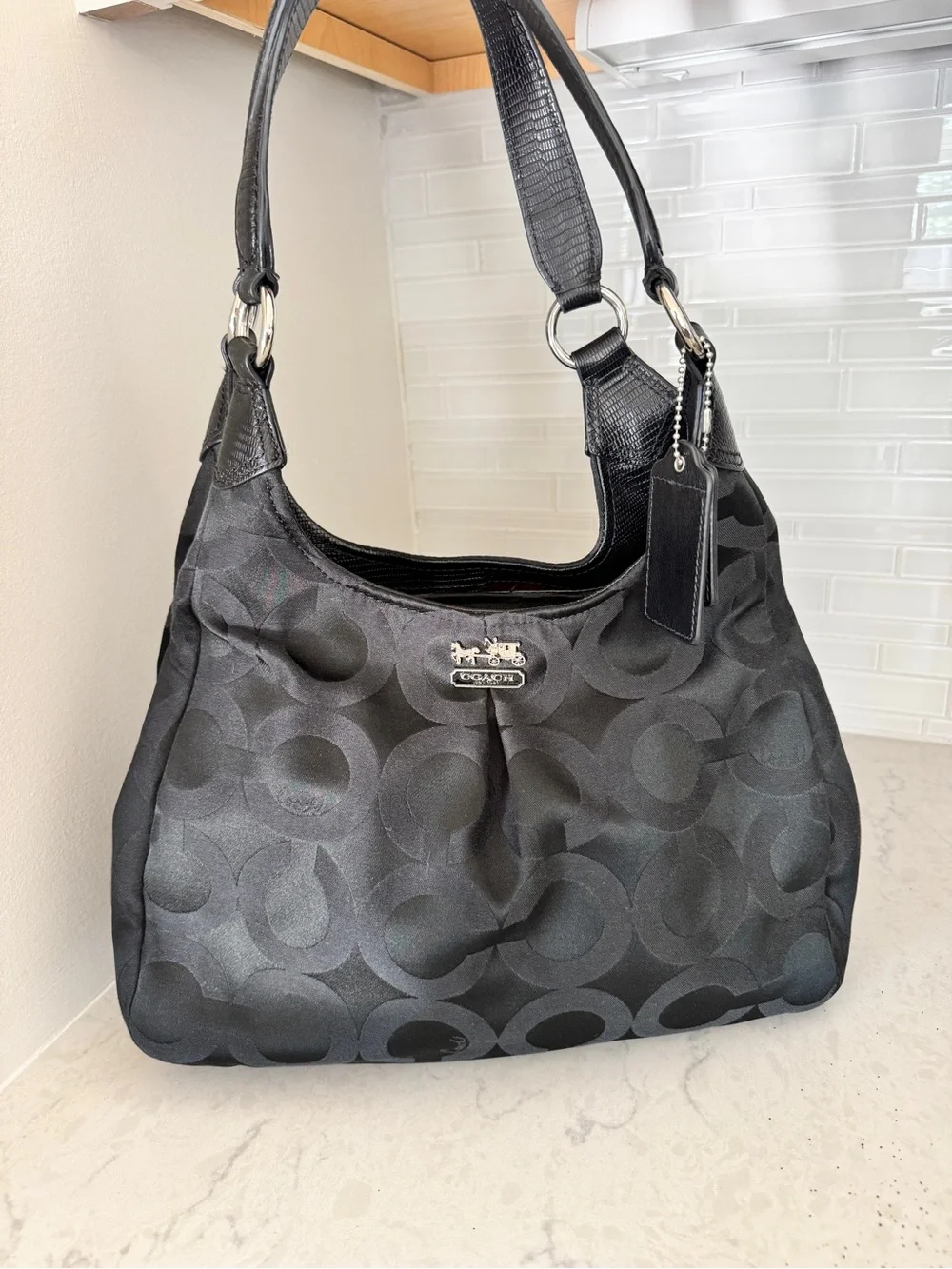 Coach Black Signature Jacquard Hobo Shoulder Bag with Silver Hardware